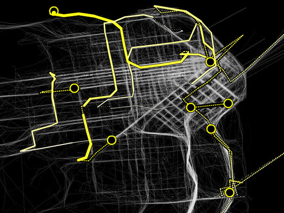 A stylized map showing the paths of taxi cabs in San Francisco