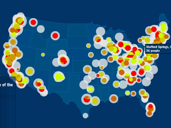 A map of the united states with multi-colored dots representing people using the MoveOn National Town Meeting application