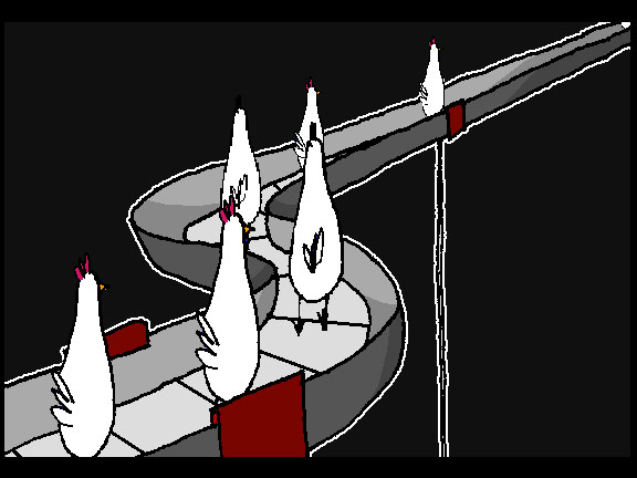 A still from the Poultry in Motion cartoon, showing a row of chickens standing on a conveyor belt