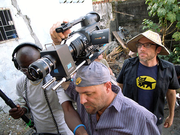 A photo of Fabien M’Fuamba, Ben Olander, and me filming in Knishasa.